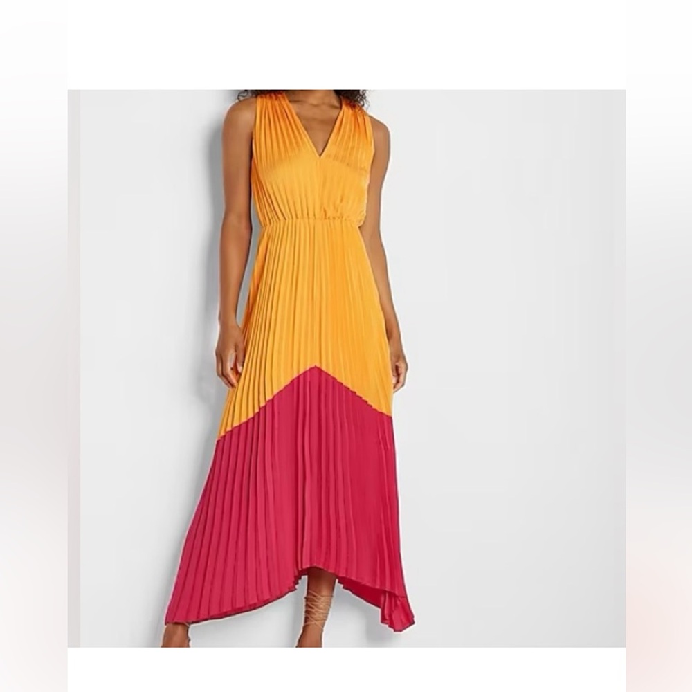 EXPRESS satin colorblock pleated midi‎ dress Sz XL Wedding Guest Resort Vacation